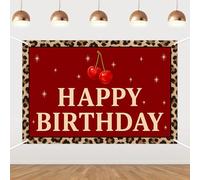 Leopard Print Cherry Birthday Backdrop,Happy Birthday Backdrop Red Sweet Cherries Brown Leopard Photography Background for Women Girls Jungle Safari Theme Bday Party Supplies