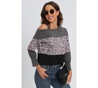 Leopard Print Cold Shoulder Grey Colour Block Relaxed Top In Black FS Collection Dark Grey S/M
