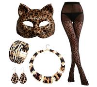 Leopard-Print Costume Set 5Pcs with Leopard Cat Ears Animal Mask Necklace Bracelet Earrings Black Tights for Women Girls Masquerade Holiday Carnival Halloween Christmas Birthday Party Cosplay