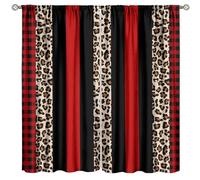 Leopard Print Curtains Red And Black Cheetah Buffalo Plaid African Wildlife Brown Skin Geometric Splicing Pattern Printing Bedroom Living Room Rod Pocket Window Drapes 2 Panels W42xl45 Inch Decor