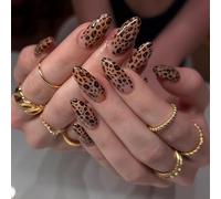 Leopard Print False Nails, Almond Shape, Beige, Black And Brown, Glossy | Full-Cover Nail Tips, Gel-Look Finish, Coordinated Pattern, Home Manicure Application, Everyday Wear And Social Occasions