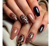 Leopard Print French Tip Glitter Press On Nails - Short Coffin Shape Premium Fake Nails With Tools For Women, Easy Apply Salon Quality Manicure Kit Trendy Mix Match Design