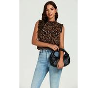 Leopard Print Frill Trim Sleeve Frill Neck Blouse Top In Brown FS Collection Brown L