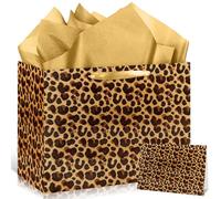 Leopard Print Gift Bag with Tissue Paper and Greeting Card Cheetah Gift Wrapping Paper Bag Leopard Animal Fur Texture Print Party Favor Bags for Girls Women Wild One Birthday Safari Bachelorette Party