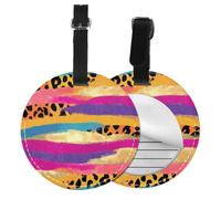 Leopard Print Glitter Round Luggage Tag 4PCS Rainbow Colorful PU Leather Travel Bag Tag ID Labels Name Card Holder wtih Buckle for Luggage Suitcase Backpacks