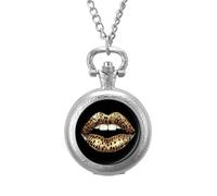 Leopard Print Glittery Llips Vintage Pocket Watches Roman Numerals Quaretz Watch with Chain Christmas Birthday Gifts Silver-Style
