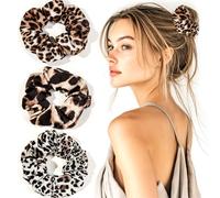 Leopard Print Hair Scrunchies Cheetah Print Halloween Fashion Stretchy Hair Accessories for Girls Teens Boho Leopard Hair Ropes for Ponytail Bun Halloween Pack of 3