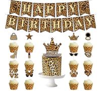 Leopard Print HAPPY BIRTHDAY Party Decorations, Classic Animal Print Birthday Banner, Wild Animal Cake topper and Leopard Print Cupcake Toppers