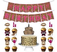 Leopard Print HAPPY BIRTHDAY Party Decorations, Pink Leopard Print Birthday Banner, Leopard Print Cake topper and 12pcs Leopard Print Cupcake toppers