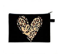 Leopard Print Heart Cosmetic Bag for Makeup and Travel Storage - Small Waterproof Zippered Organiser Pouch with Cursive Love Design, Durable Compact Case for Handbag Essentials and Toiletries