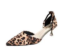 Leopard Print High Heel Shoes Rhinestone Buckle Pointed Shoes with Thin Heel, brown, 9 UK