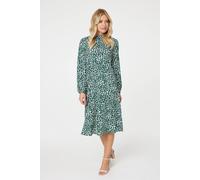 Izabel London Leopard Print High Neck Tea Dress for Women UK with Round Neck, Long Sleeves and a-line midi Skirt. Green