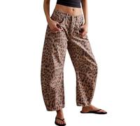 Leopard Print Jeans Casual Mid Leopard Printed Wide Leg Denim Ankle Pants Barrel Leg Trousers Casual Loose Women's Baggy Barrel Jeans