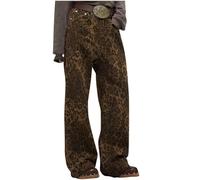 Leopard Print Jeans Womens Oversized Straight Leg Baggy Trousers Wide Leg High Waisted Pants Ladies Y2K Jeans Street Wear Hip Hop Vintage Denim Pants Cotton Loose Boyfriend Jeans S-3XL Clearance