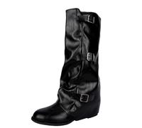 Leopard Print Knee High Slip On Boots Ladies Ruched Block Heel Winter, black, 7 UK