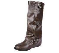 Leopard Print Knee High Slip On Boots Ladies Ruched Block Heel Winter, brown, 10 UK