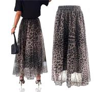 Leopard Print Layered Design Bustier Maxi Skirt,Womens Overlay Layered Tulle Skirt Elastic High Waisted A-Line Midi Skirts,Charming Long Flowy Chiffon Elastic Waist Tiered A Line Skirt(M)