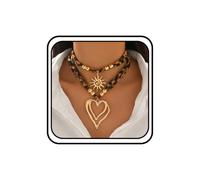 Leopard Print Layered Necklaces for Women, Sun Heart Choker Two PieceSet | Spiral rays and an oversized open outline pair with animal-pattern ribbon and glossy bead accents for bold adjustable styling
