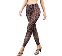 Leopard Print Leggings for Women See Through Mesh Capri Trousers Petite 70s 90s Rave Outfit Sexy Sheer Pants Womens Festival Clothes (UK, Alpha, L, Regular, Regular, Black)