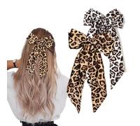 Leopard Print Long Tail Hair Bow Clips - 2Pcs Handmade Ribbon Satin Oversized Bow Metal Barrettes Ponytail Ribbons Butterfly Accessories for Women and Girls (Leopard Print-White/Yellow)