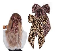 Leopard Print Long Tail Hair Bow Clips - 2Pcs Handmade Ribbon Satin Oversized Bow Metal Barrettes Ponytail Ribbons Butterfly Accessories for Women and Girls (Leopard Print-Red/Yellow)