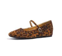 Leopard Print Mary Jane Shoes, Square Toe Animal Print Ballet Flats, Slip On Wedge Heels Dress Shoes with Adjustable Buckle (Brown,6.5)