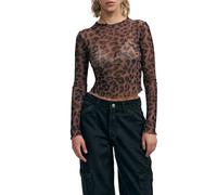 Leopard Print Mesh Tops for Women Y2K Slim Fit Long Sleeve Sexy See Through Fitted Layering Tops Going Out Tops Teens Girls Crop Top (Cropped Red Brown, XL)