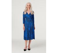 Izabel London Leopard Print Midi Wrap Dress for Women UK with v-Neck, Long Sleeves and midi Length Hem. Blue