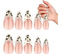 Leopard Print Nail Stickers,Cute Nails Press on with Pearl Bow,Leo/pard Print Accessories for N/ail,French Tip Press on Nai/ls Medium Almond Shape False Na/ils with Leopard,Diy Full Cover for Nail