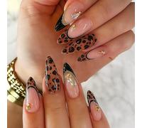 Leopard Print Nude Pink Stiletto Press On Nails - 24Pcs Long Artificial Nails With 3D Rhinestones Gold Beads Chain For French Manicure Glossy Mirror Finish Reusable False Kit