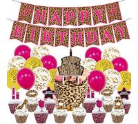 Leopard Print Party Decorations - 46PCS Leopard Print Party Decorations, Wild One Birthday Decorations, Pink Leopard Flags Leopard Print Balloons Cake Toppers for Wild One Jungle Themed Party Supplies