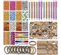 Leopard Print Party Gift Set with Mini Notebooks Ballpoint Pens Slap Bracelets Elastic Hair Ties Stickers and Goodie Bag for Cheetah Print Themed Birthday Party Supplies Decorations 12 Guests