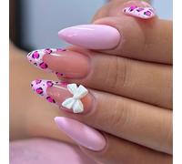 Leopard Print Press On Nails 24PCS Almond False Nails with Bows - Reusable Fake Nails for Women, French Manicure, Long Lasting & Easy Application, Wedding, Party, Everyday