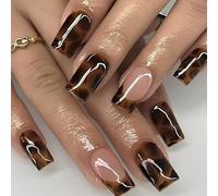 Leopard Print Press On Nails Short Square with Glossy French Tip - Elegant Full Cover Fake Nails Featuring Gradient Design and Jelly Adhesive Tabs for Women, for Daily Wear, Office Style and a Secure