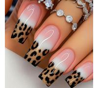 Leopard Print Press on Nails - with Gradient Wild Elegance Medium Square Look Fake Nails - for Women Easy to Apply with Long Lasting Wear for 24 PCS Bold Daily or Summer Look