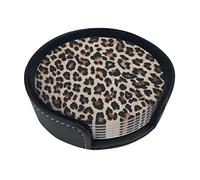 Leopard Print Print Coasters For Drinks, 6 Pcs Leather Coaster With Holder, Round Cup Mat Pad Set For Home And Kitchen 3.9 Inches