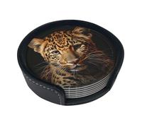 Leopard Print Print Round PU Leather Coaster, fit for Various Cups of Round Beverage Coasters, Set of 6