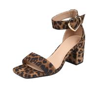 Leopard Print Pumps Women's Block Heel with Ankle Strap Adjustable Dances Suede Sandals Comfort Square Toe Sandals Sexy Evening Shoes Breathable Elegant Wedding and Cocktail, 01 Brown, 6 UK