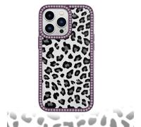 Leopard Print Rhinestone Phone Case,Leopard Print Pattern TPU Hard Cover Shockproof Phone Case Purple,Electroplated Diamonds Leopard Face Large Hole Lens Phone Case