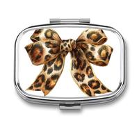 Leopard Print Ribbon Bow Gold Pill Box 2 Compartment Portable Medicine Pill Case Travel Pill Organizer for Pocket Purse