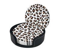 Leopard Print Round Leather Coasters - Set Of 6, Ultra-Fiber Pu Leather