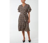 Leopard Print Ruffle Wrap Midi Dress Blue Vanilla Brown 10