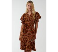 Leopard Print Ruffle Wrap Midi Dress Blue Vanilla Burnt Orange 10