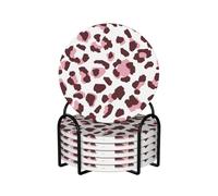 Leopard Print Seamless Pink Animals African,Round Ceramic Coasters, Mugs Pad, Cups Mat Set of 6 Drinks Coasters With Holder