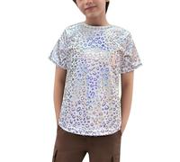 Leopard Print Sequin Top for Boys Girls Short Sleeve Tee Shirt Shiny Metallic Hip Hop Jazz Modern Ballet Dance Sparkly Top Y2K T-Shirt Dancewear for Party Carnival Silver