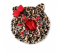 Leopard Print Shower Cap for Women, Plush Bear Ear Bath Cap with Satin Lining & Cute Bow, Adjustable Fluffy Hair Protector for Bathing, Red