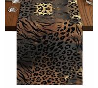 Leopard Print Table Runner, Ethnic Style Gold Black Gradient Fur Texture Cotton and Table Linen Runner for Kitchen Dining Home Decor for Party Festival Holiday Decoration Gift 13x120in