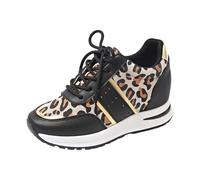 Leopard Print Trainers for Women Anti Slip Platform Shoes Chunky Height Increasing Sneakers Autumn Winter Cold-Proof Windproof Leather Upper Walking Shoes for Hiking,Traveling,Commuting Black