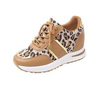 Leopard Print Trainers for Women Womens High Wedge Trainers Lace Up Running Shoes Arch Support Workout Shoes Lightweight Thick Sole Sneakers Non Slip Walking Sneakers Casual Outdoor Shoe Khaki