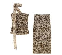 Leopard Print Tube Top Skirt Suit Women Cold Shoulder Pleated Crop Tops Hip Package Skirt Sets suit S